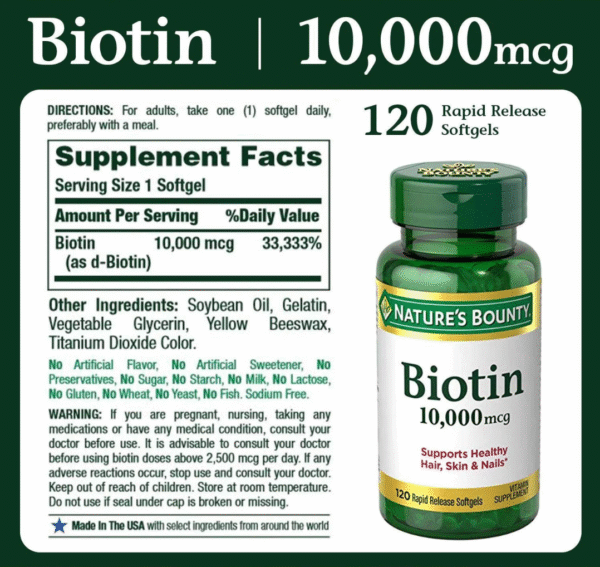 Nature's Bounty Biotin 10000mcg - 120 Softgels - Image 2